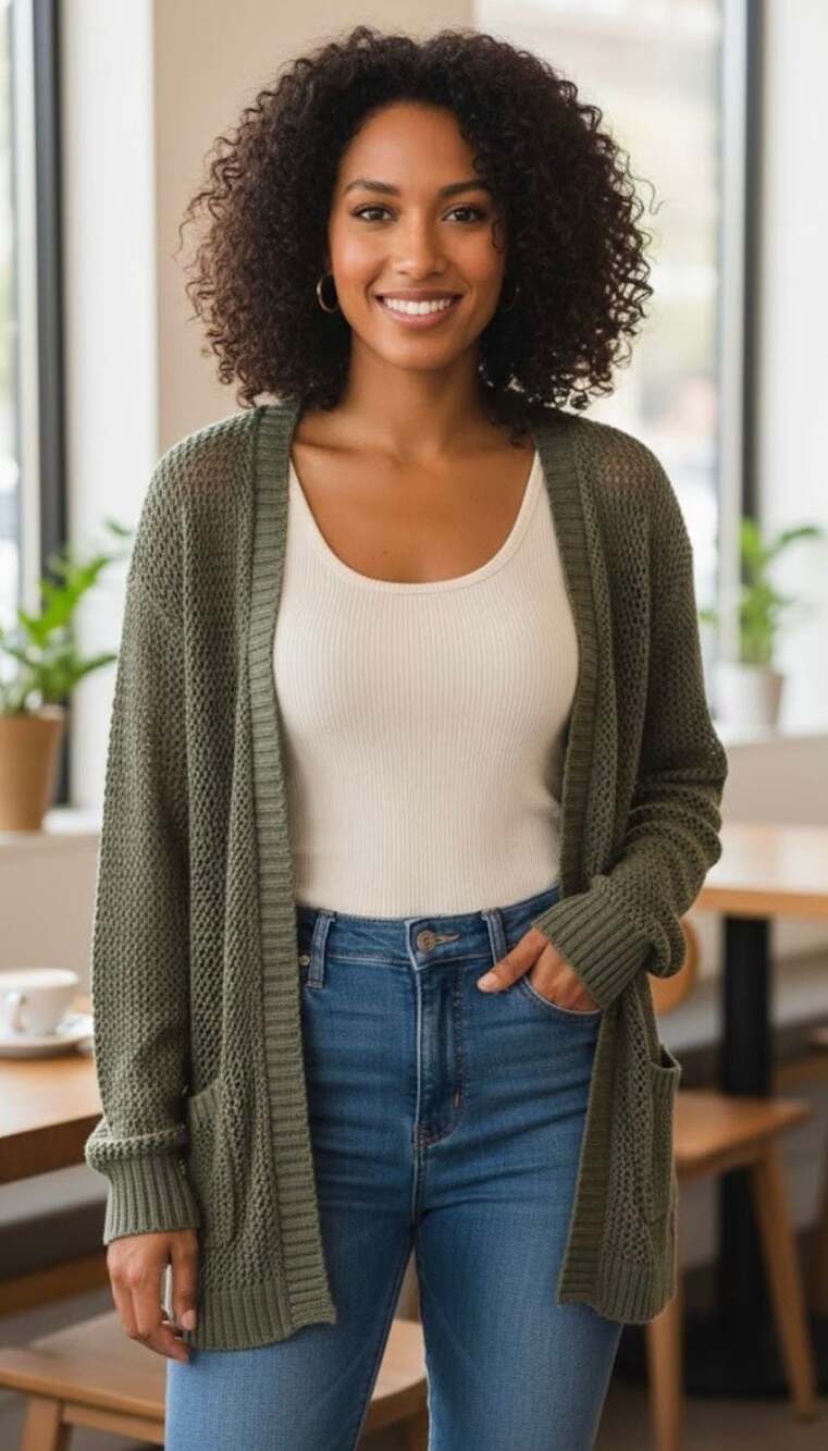 MUDD Daytrip Knit Cardigan Sweater Olive Green‎